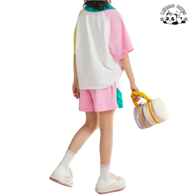 LEZONKIDS - Customizable Summer Fashionable Girls' Short Sleeve T-shirt Set Casual Shorts Children's Sports Two Piece Set